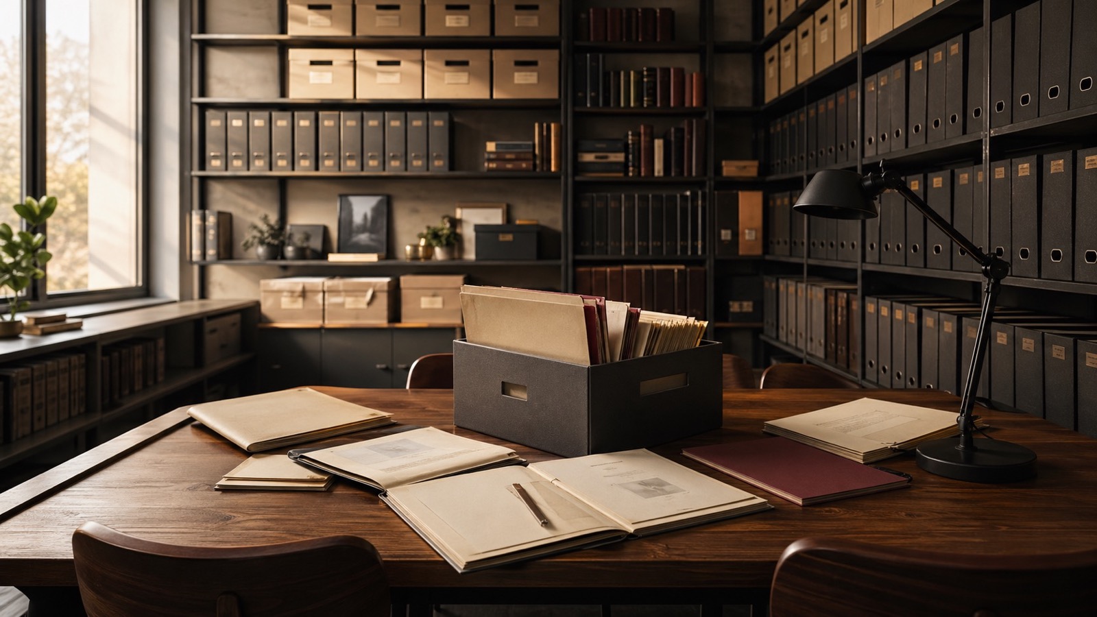 Archive room with organized folders and records on a reading table