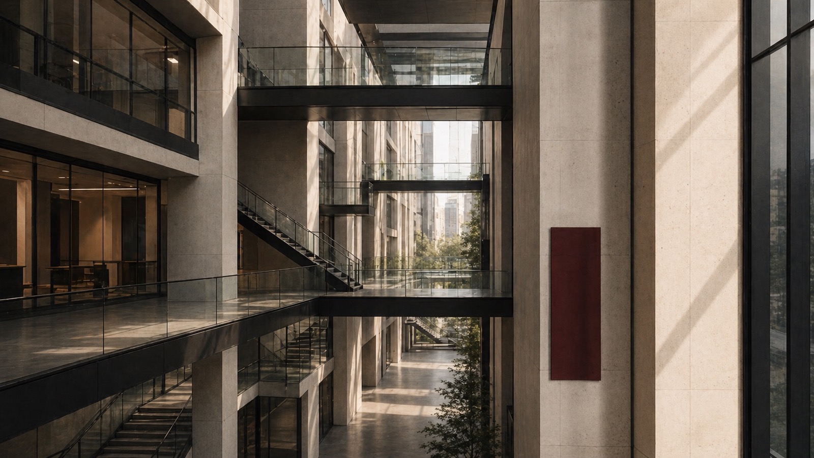 Modern office atrium with glass bridges, stairs, and intersecting corridors