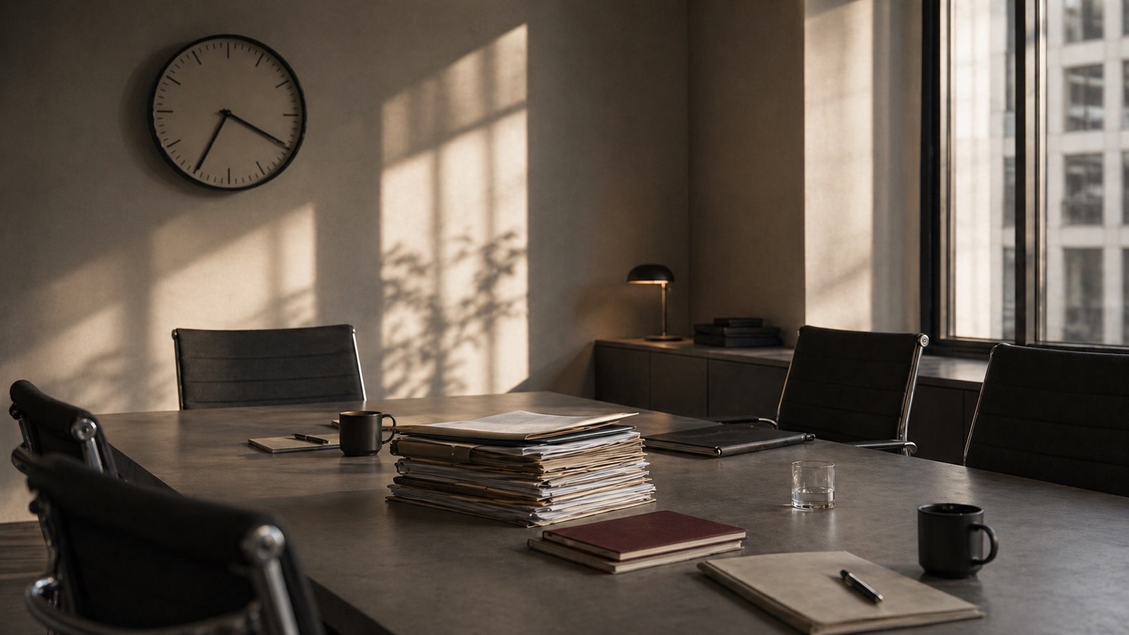 Quiet conference room with a wall clock, stacked papers, and empty chairs