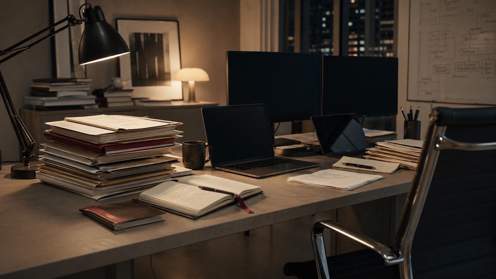 After-hours office desk with stacked files and multiple dark monitors