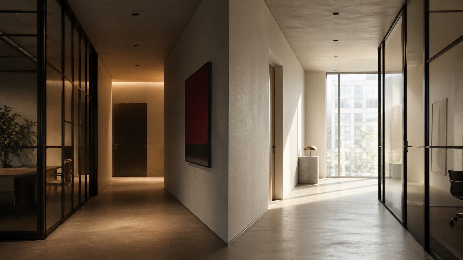 Modern office corridor splitting between a bright path and a dimmer doorway